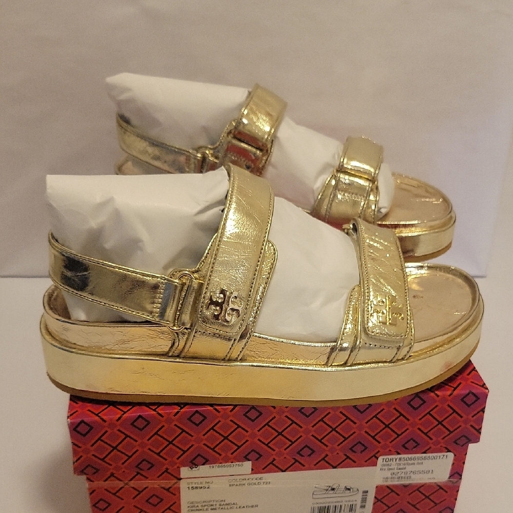 Tory Burch Gold Metallic Sandals Womens Size 10 New In Box - Picture 2 of 10